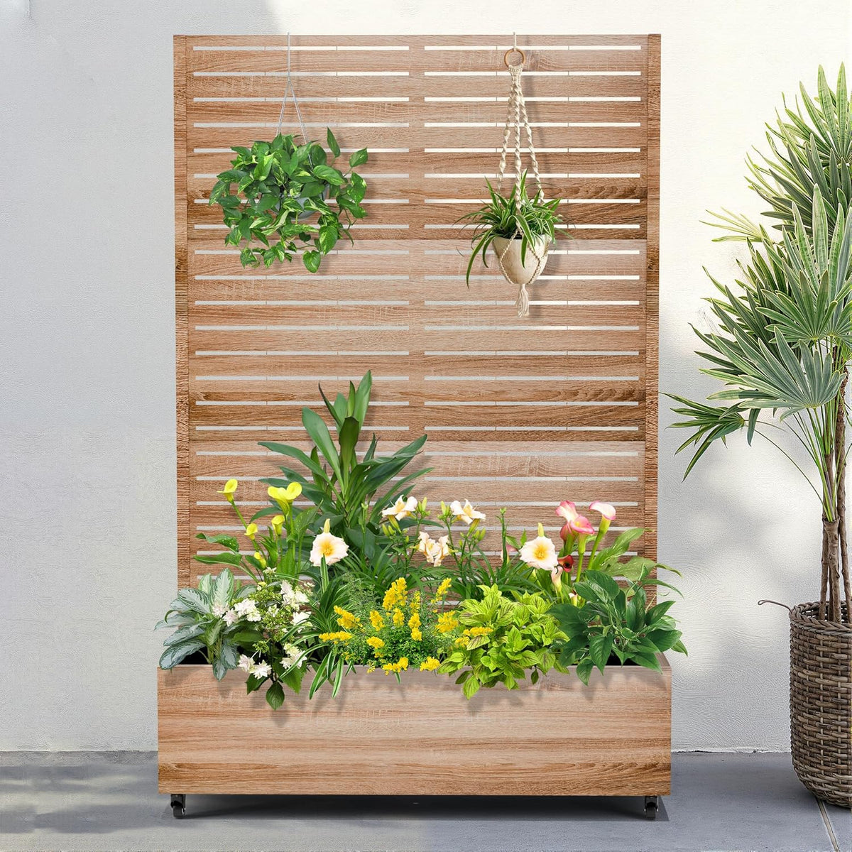 FENCY Metal Raised Garden Bed with Wheels and Trellis,73"x47"x16" Planter Box for Climbing Plants, Vegetables & Vines, Features Privacy Screen and Drainage Holes (Natural Wood Color)