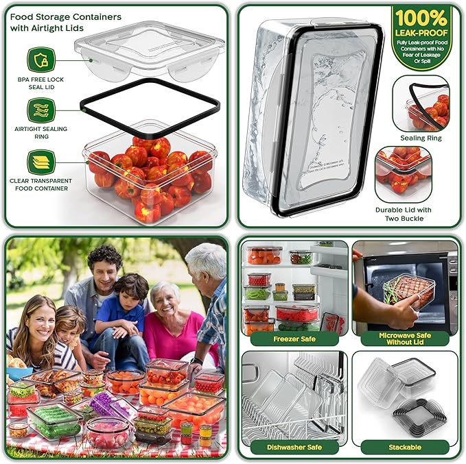 RockBerry 50 Pcs Large Food Storage Containers with Lids Airtight-85 OZ to small Containers-Total 526OZ Stackable Kitchen Set -BPA Free Leak proof containers (50Multi)