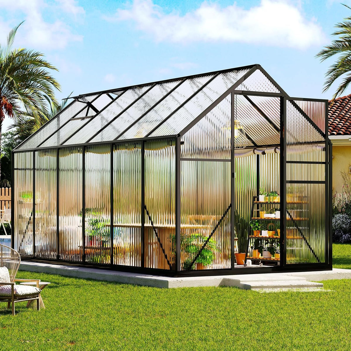 Amerlife 6x12x6.3 FT Ft Polycarbonate Greenhouse for Outdoors, Walk-in Design with Aluminum Frame, 2 Windows and Swing Door, Heavy-Duty Greenhouse Construction for Garden, Black