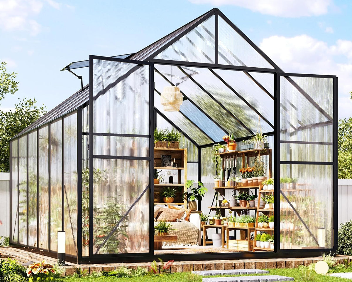 Jocisland 8x11.5x7 FT Polycarbonate Greenhouses for Outdoors, 2 Top-Opening Windows, 2 Swing Doors, Aluminum Walk-in Heavy Duty for Outdoor Use, Backyard Garden, Black