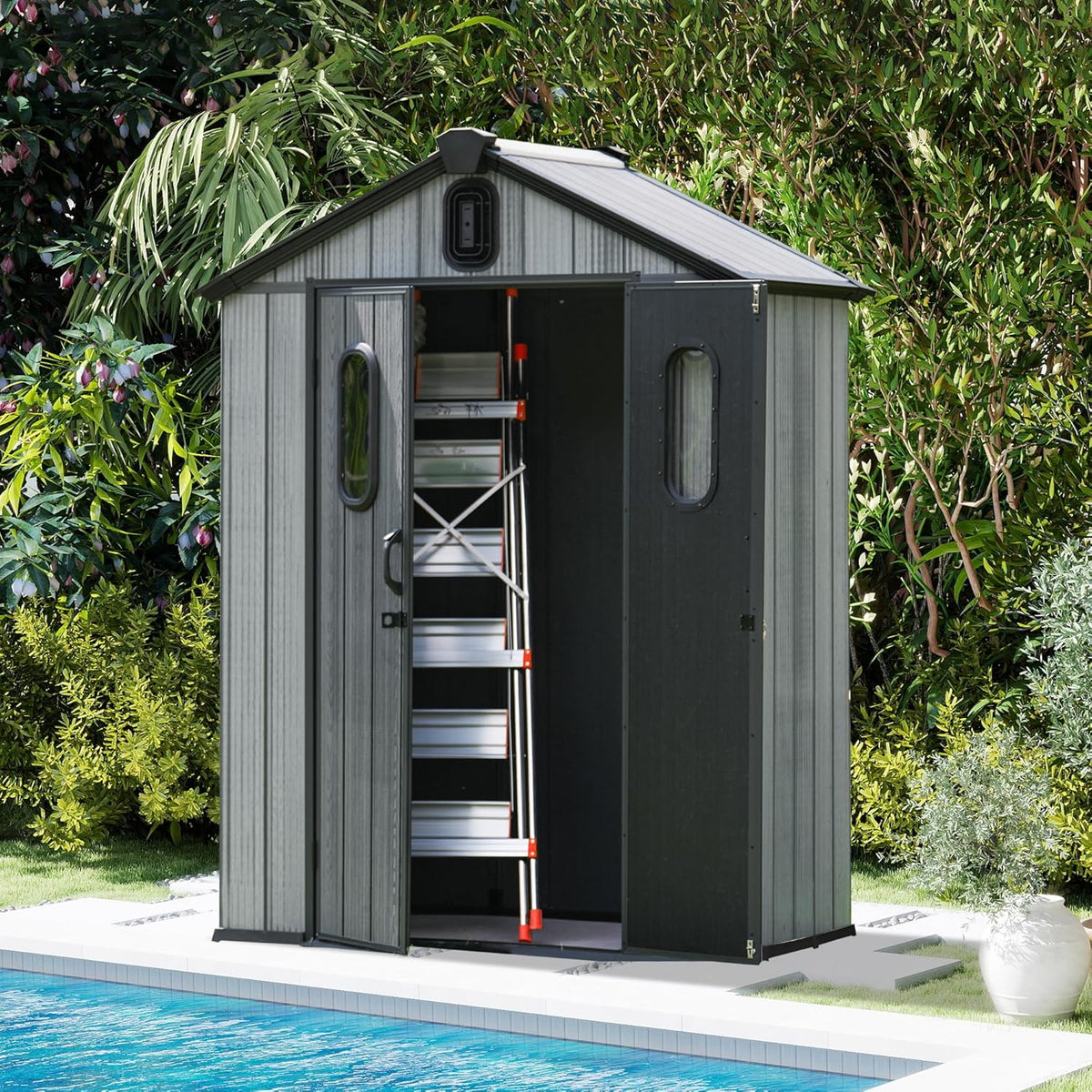 Domi 5x3 FT Outdoor Resin Storage Shed, All-Weather Double-Wall Storage Building for Backyard, Garden, Lawn Tools, Mower, Bike & Pool Equipment, Lockable Doors, Ventilated Roof, Grey