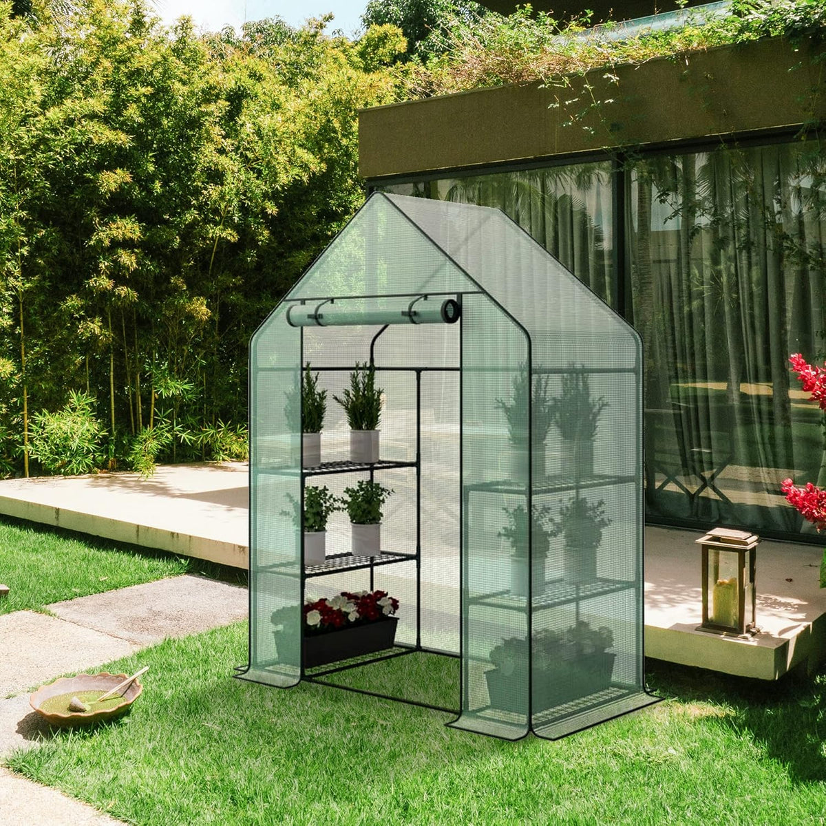 3 Tier 6 Shelves Mini Walk-in Greenhouse, 55.9 x 28.3 x 75.59 inch, Durable PE Cover Green House Kit with Anchors and Ropes, Outdoor Plant Gardening Hot House for Growing Vegetables, Flowers