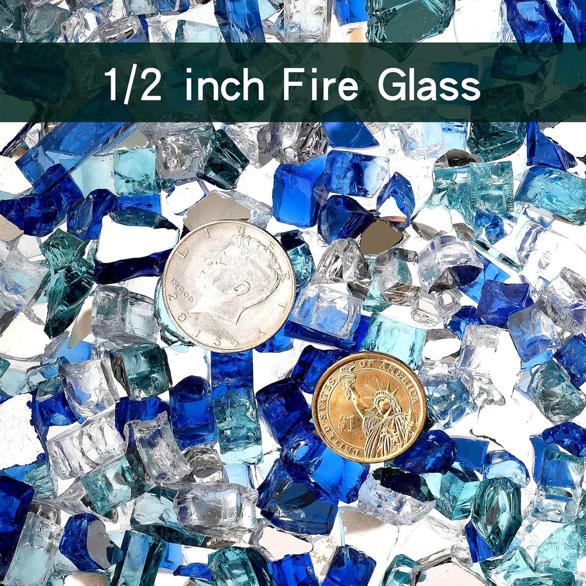 Mr. Fireglass 10 Pounds Blended Fire Glass - 1/2 Inch Mixed Colored High Luster Reflective Tempered Glass Rocks for Fireplace Fire Pit Table Fireplace and Landscaping, Aqua Blue+Cobalt Blue+Platinum
