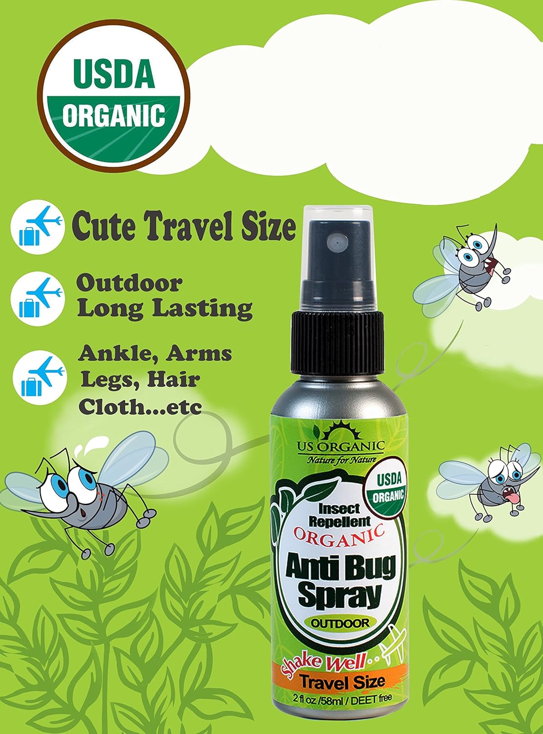 US Organic Mosquito Repellent Anti Bug Outdoor Pump Sprays, USDA Certification, Cruelty Free, Proven Results by Lab Testing, Deet-Free (2 oz - Value 2 Pack)