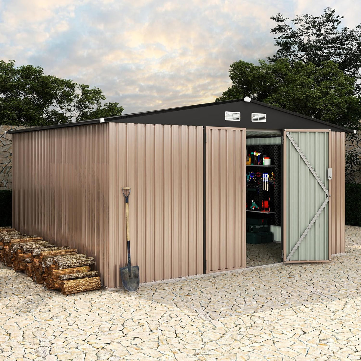 10x12 FT Metal Storage Sheds Outdoor, Metal Yard Sheds Garden Shed Kit, Tool Shed with Lockable Door, Utility Sheds Buildings with Air Vent for Backyard Garden Patio Lawn