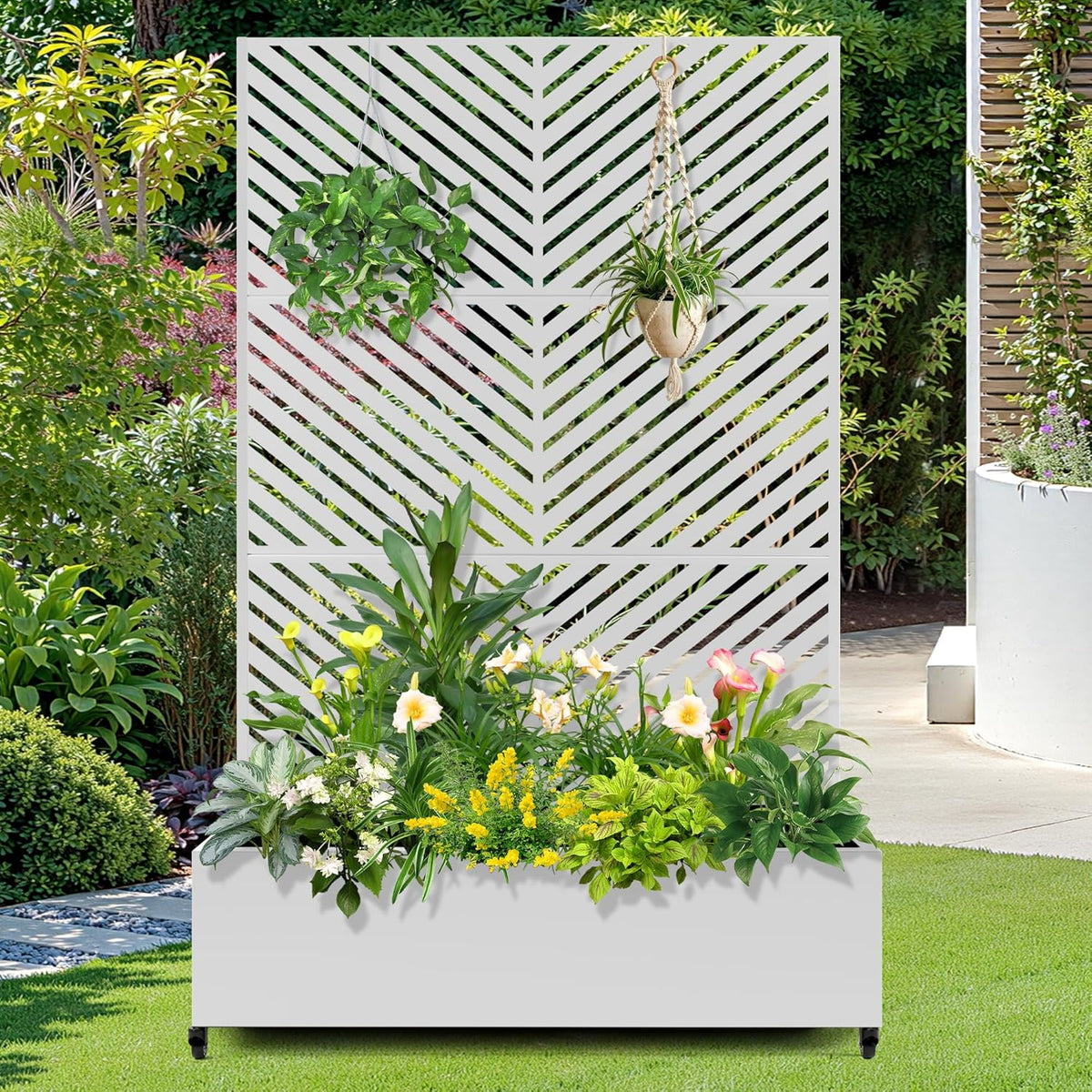 FENCY Metal Raised Garden Bed with Wheels and Trellis,73"x47"x16" Planter Box for Climbing Plants, Vegetables & Vines, Features Privacy Screen and Drainage Holes (White-Arrow)