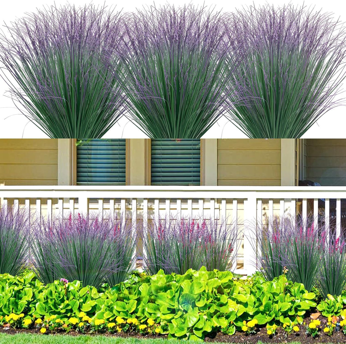 100Pcs Artificial Grass Plants, Faux Shrubs Wheat Grass, Artificial Tall Fake Plants for Outdoor Decor, Greenery Stems Weed for Room Indoor Home Decor（Green Purple Tail）