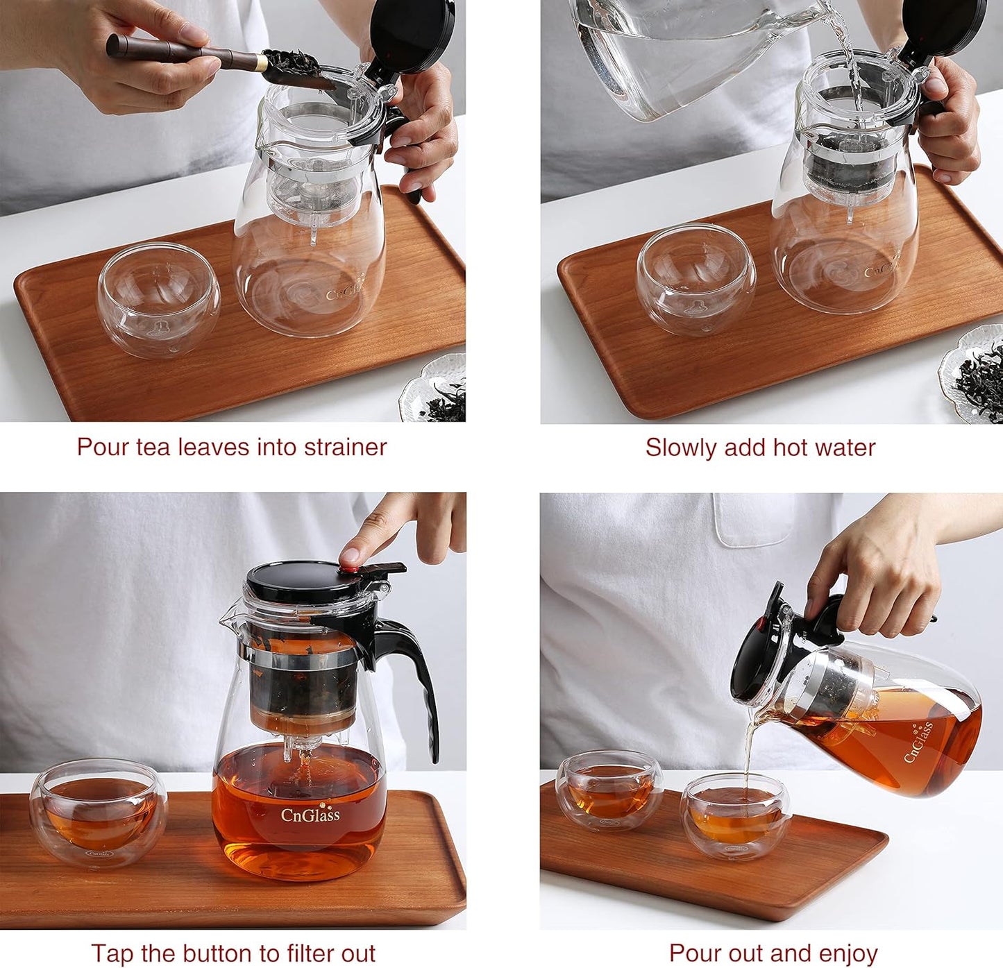CNGLASS Glass Teapot with Removable Infuser,30.5oz Clear Tea Kettle with One Button Press to Filter the Tea Soup,Loose Leaf and Blooming Tea Maker
