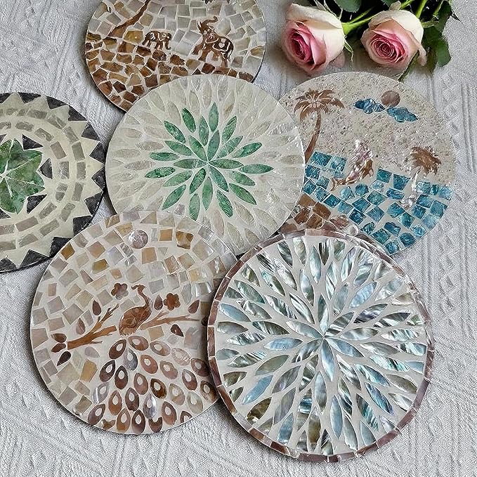 12 Inch Mother of Pearl Shell Placemat Plate – Large Round Decorative Heat for Table or Kitchen, Cabinet, Tabletop (Toothed Green Leaves, 12 Inch)