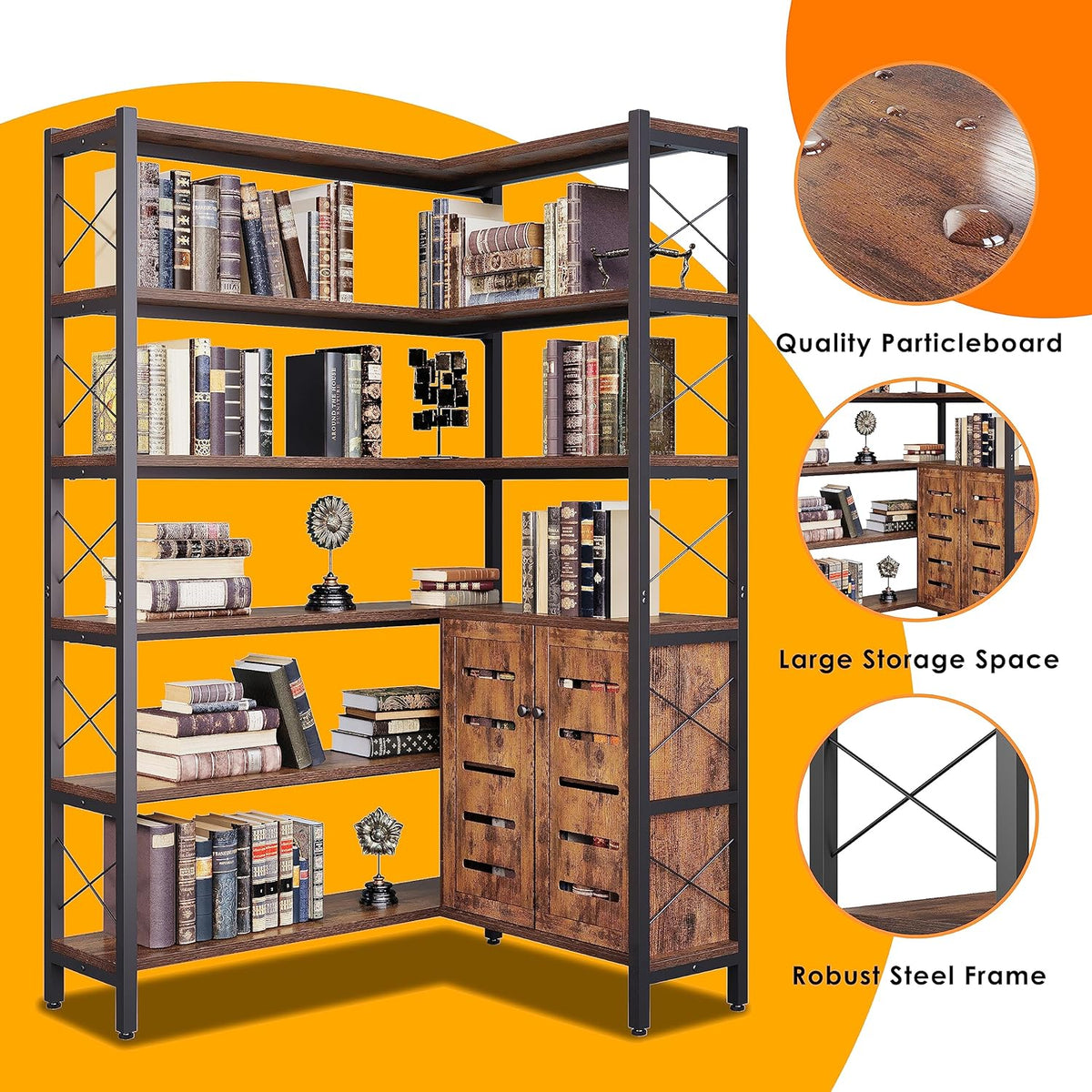6-Shelf Corner Bookshelf, Vintage Industrial Corner Shelf Etagere Bookcase, Large Book Shelf with Metal Frame Open Storage Corner Cabinet (Brown-Lockers)