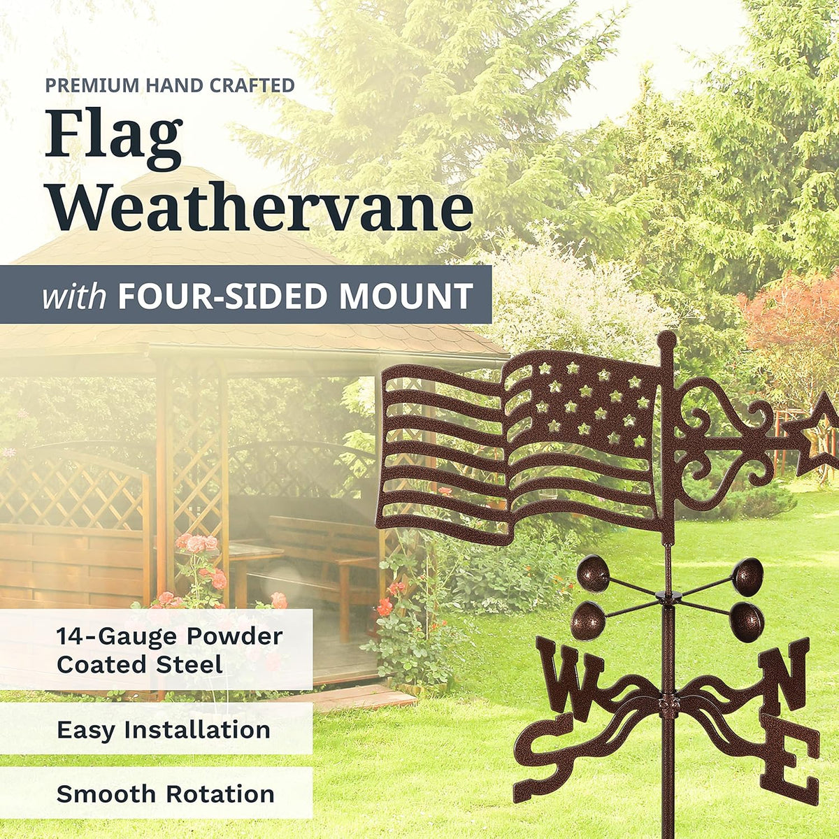EZ Vane Steel USA Flag Weathervane 21” Height, Includes Metal 4-Sided Mount, Wind Cups & Brackets | Hand-Crafted and Family-Owned, Made in The USA with Triple Powder Coating, Limited