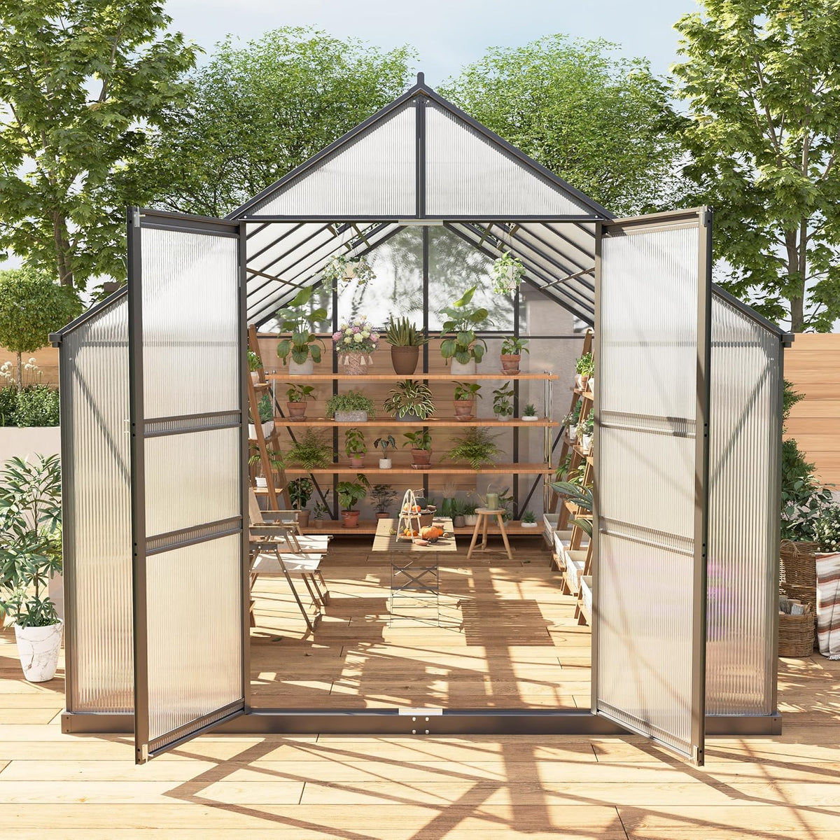 8*14 FT Outdoor Walk-in Greenhouse, Polycarbonate Green House, Heavy Duty Greenhouse with Vented Roof Window, Windproof Aluminum Frame, Suitable for Outside Gardening, Backyard, Patio