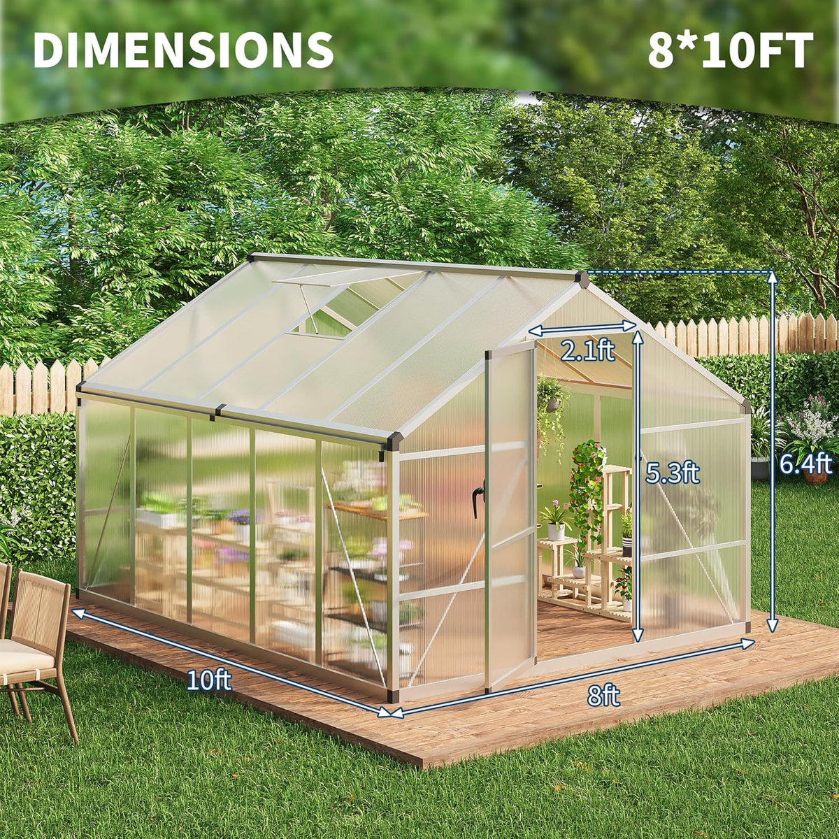 8×10 FT Greenhouse, Large Walk in Greenhouses for Outdoors and Garden Planting, Polycarbonate Greenhouse with Enhanced Aluminum Frame, Green Houses with Quick Setup Structure and Roof Vent, Silver